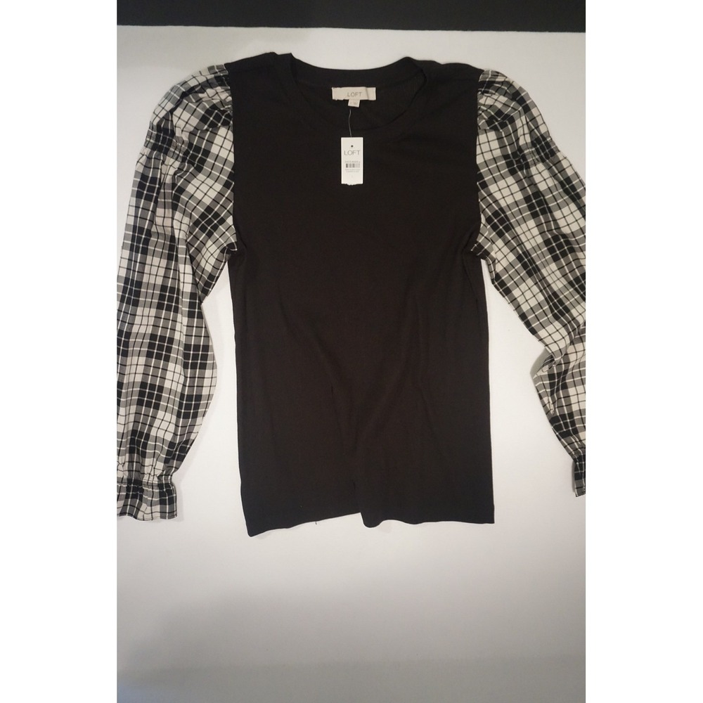 LOFT Puff Sleeve Light Weight Sweater in Black Plaid, Sz L, AG1.C1027